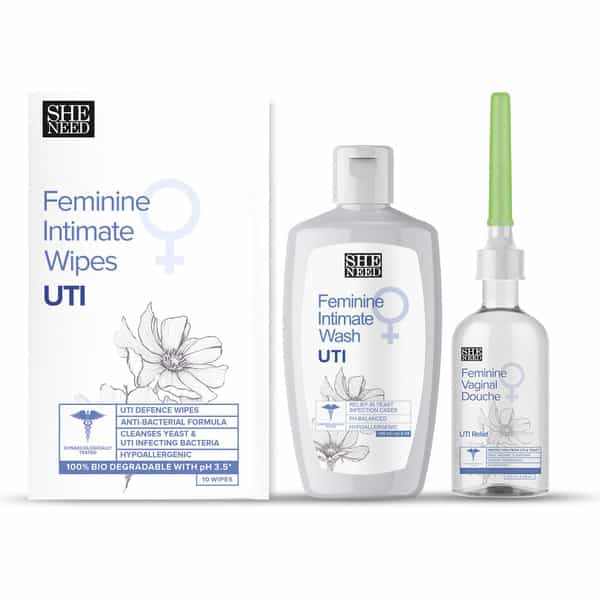 Sheneed Feminine Intimate Uti Relief Combo: Wwipes 10N | Relief Douche 122Ml | & Intimate Wash 100Ml