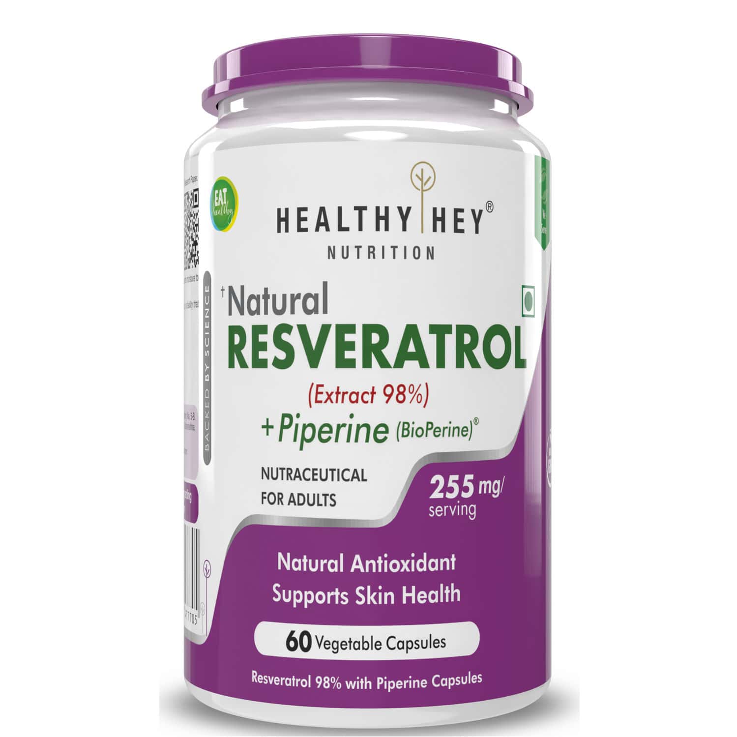 Healthyhey Nutrition Resveratrol Extract 98% Plus Bioperine - 60 Veg. Capsules