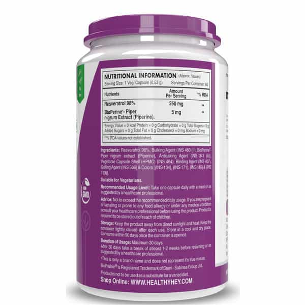 Healthyhey Nutrition Resveratrol Extract 98% Plus Bioperine - 60 Veg. Capsules