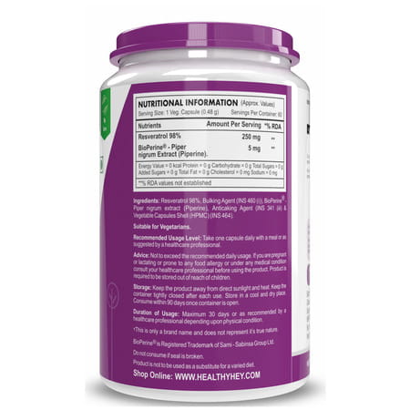 Healthyhey Nutrition Resveratrol Extract 98% Plus Bioperine - 60 Veg. Capsules