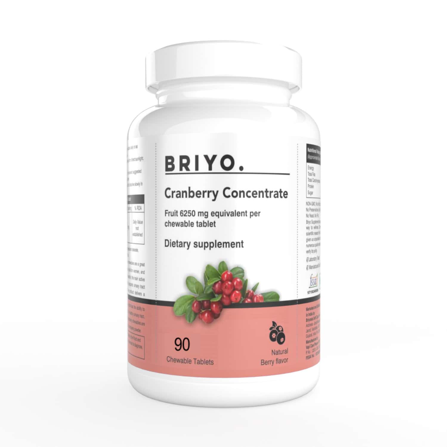 Briyo Cranberry Concentrate Chewable Tablets - Natural Berry Flavor 90 Nos