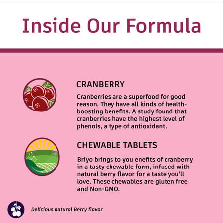 Briyo Cranberry Concentrate Chewable Tablets - Natural Berry Flavor 90 Nos