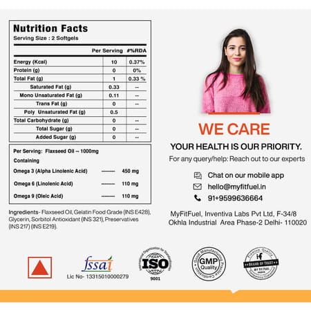 Myfitfuel Omega 3 6 9 (Flax Seed Oil) | Cold Pressed | 1000mg | 60 Softgels