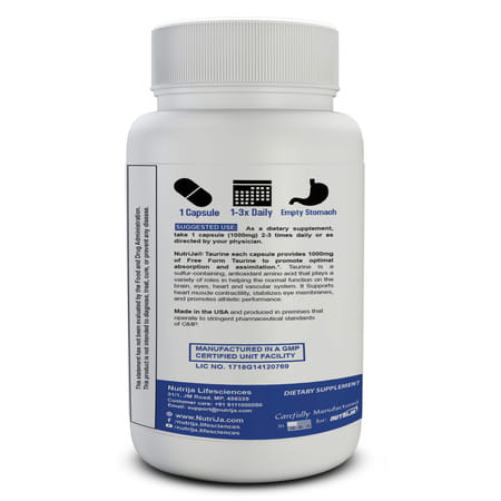 Nutrija L-Taurine 500mg 100% Pure & Usp Grade - 120 Capsules
