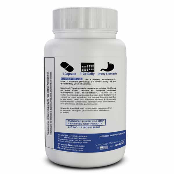 Nutrija L-Taurine 500Mg 100% Pure & Usp Grade - 120 Capsules