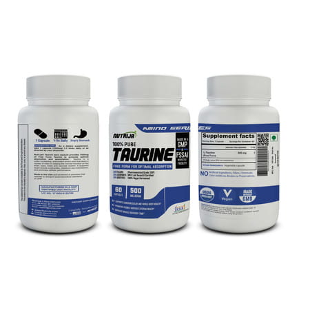 Nutrija L-Taurine 500mg 100% Pure & Usp Grade - 120 Capsules