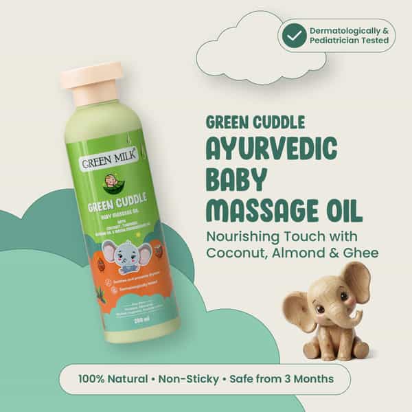 Green Milk Green Cuddle Baby Massage Oil Coconut | Almond | Ghee & Turmeric 3+ Months | 200 Ml