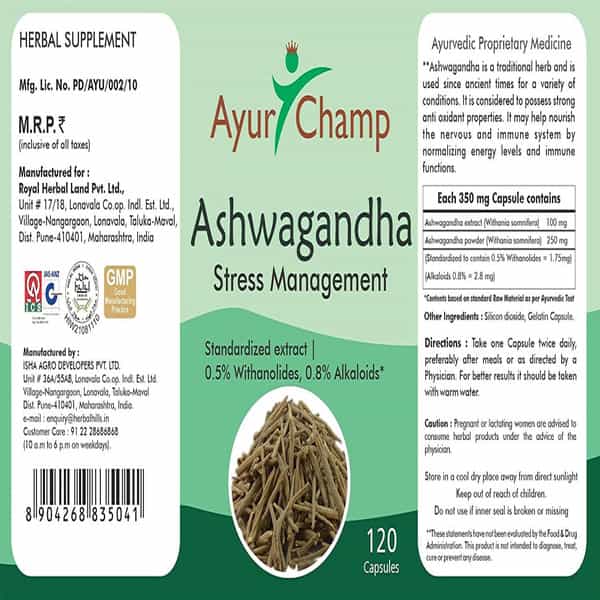 Ayur Champ - Pack Of 2 -Ashwagandha Capsules 240Mg - 120 Capsules