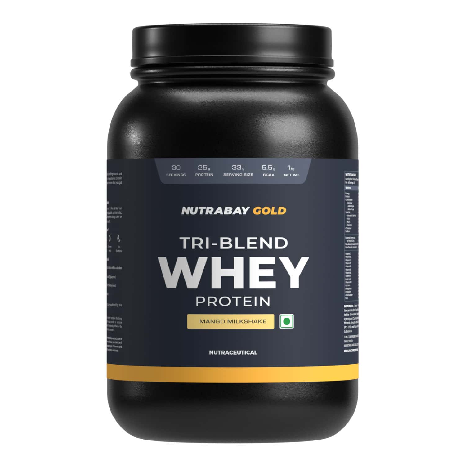 Nutrabay Gold Tri Blend Whey Protein Powder - 25g Protein | 5.5g Bcaa - 1kg | Mango Milkshake