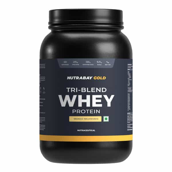 Nutrabay Gold Tri Blend Whey Protein Powder - 25G Protein | 5.5G Bcaa - 1Kg | Mango Milkshake