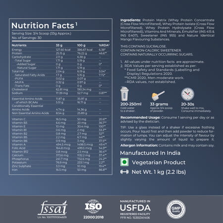 Nutrabay Gold Tri Blend Whey Protein Powder - 25g Protein | 5.5g Bcaa - 1kg | Mango Milkshake