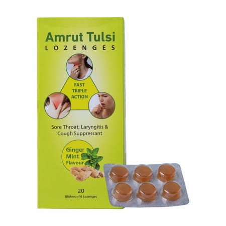 Amrut Tulsi Lozenges (Ginger Mint Flavour) 6 Tab | Cough & Sore Throat (Pack Of 20)