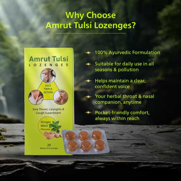 Amrut Tulsi Lozenges (Ginger Mint Flavour) 6 Tab | Cough & Sore Throat (Pack Of 20)