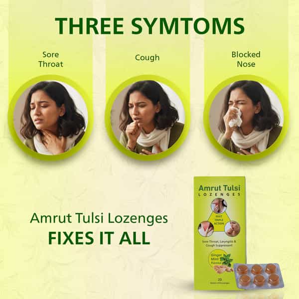 Amrut Tulsi Lozenges (Ginger Mint Flavour) 6 Tab | Cough & Sore Throat (Pack Of 20)
