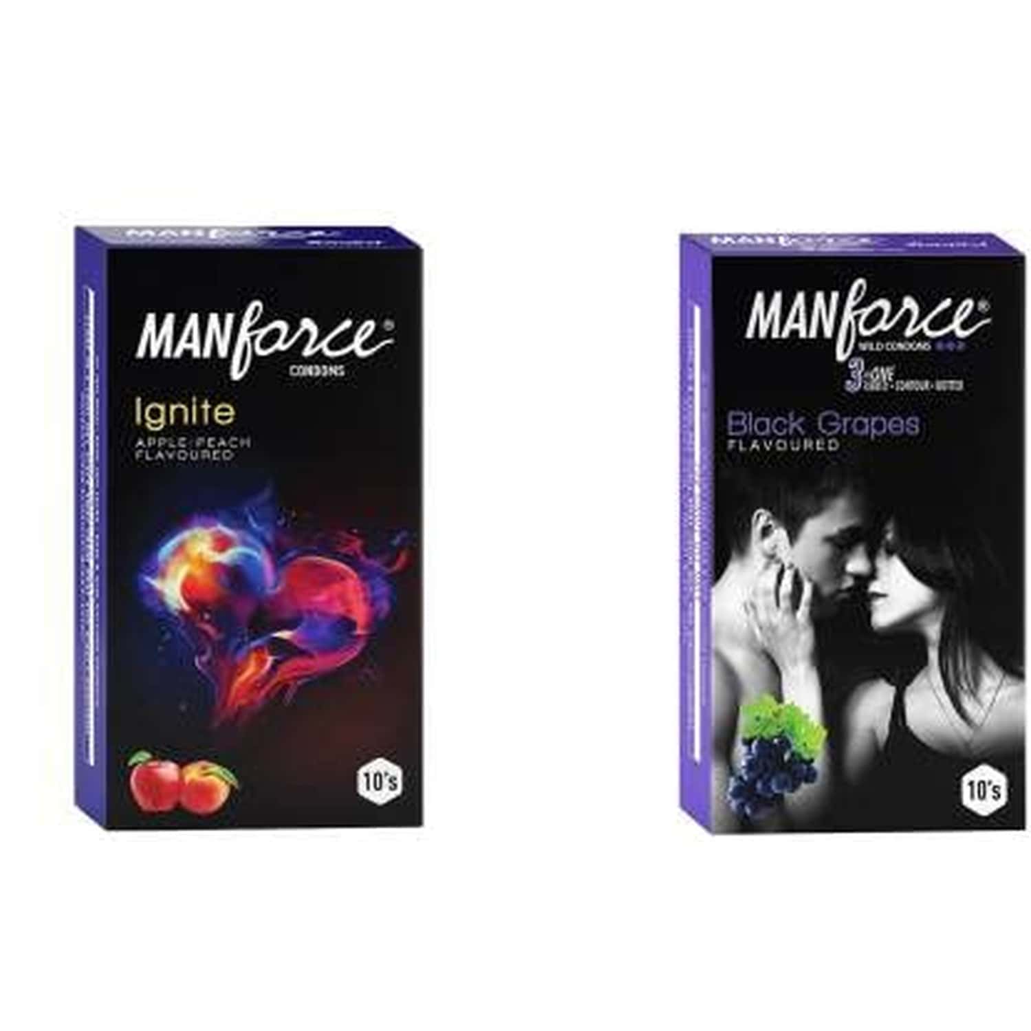 Manforce Ignite Apple-peach & 3 In 1 Wild Black Grapes Flavoured Condoms(set Of 2 20 Pcs)