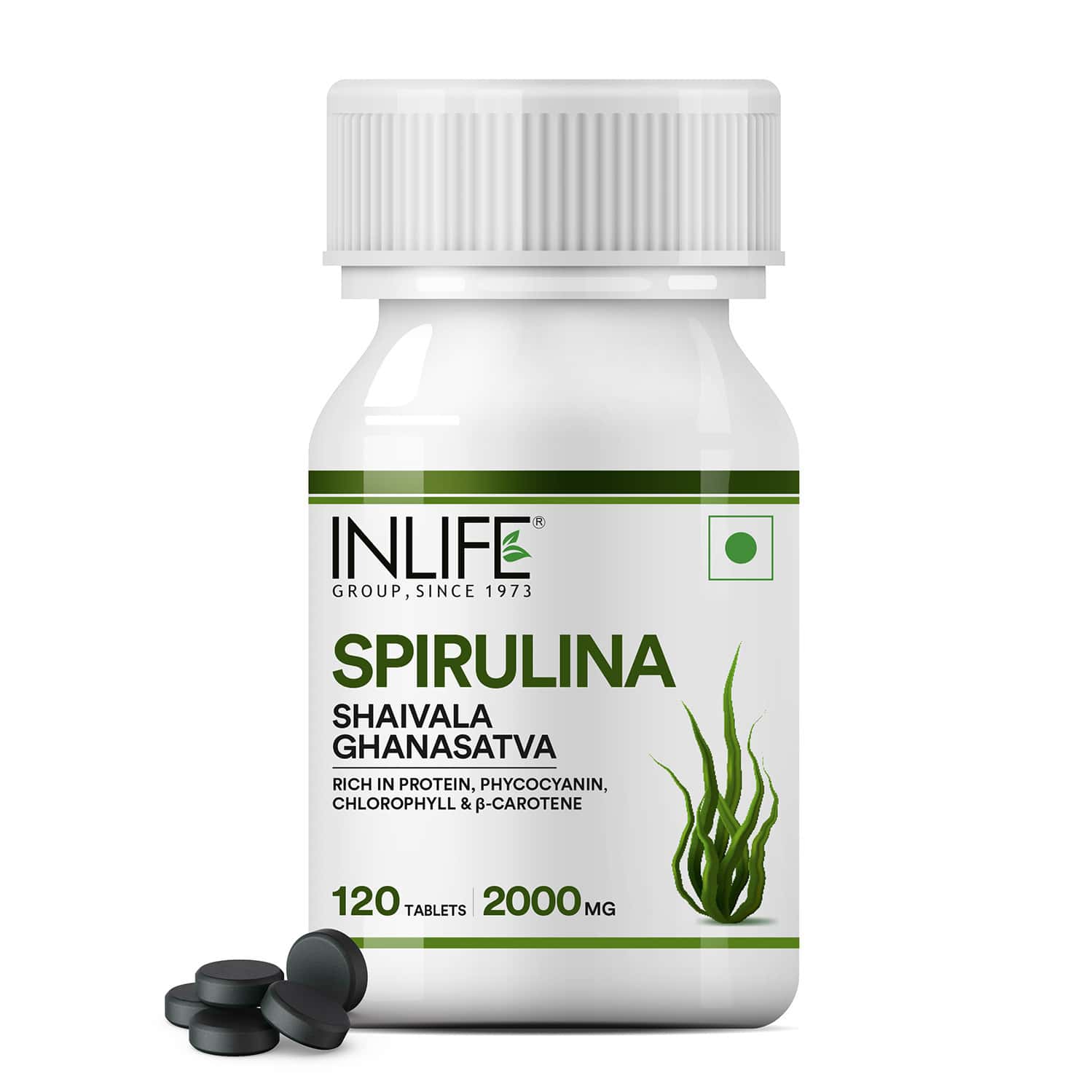 Inlife Spirulina Tablet 2000 Mg | Green Superfood Supplement | Protein Fiber Antioxidants - 120n