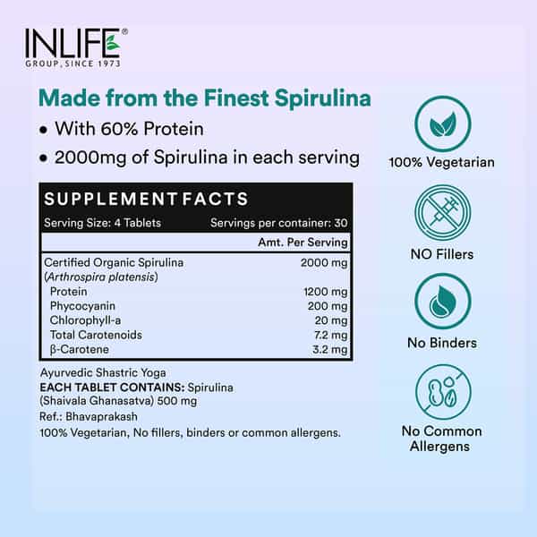 Inlife Spirulina Tablet 2000 Mg | Green Superfood Supplement | Protein Fiber Antioxidants - 120N