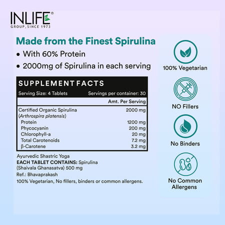 Inlife Spirulina Tablet 2000 Mg | Green Superfood Supplement | Protein Fiber Antioxidants - 120n