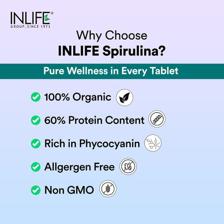 Inlife Spirulina Tablet 2000 Mg | Green Superfood Supplement | Protein Fiber Antioxidants - 120n