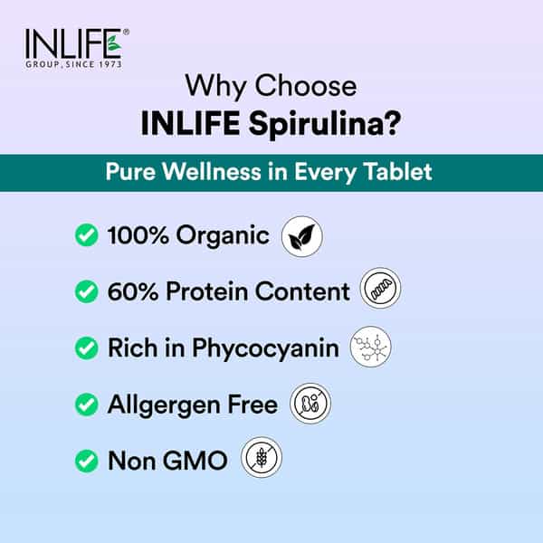 Inlife Spirulina Tablet 2000 Mg | Green Superfood Supplement | Protein Fiber Antioxidants - 120N