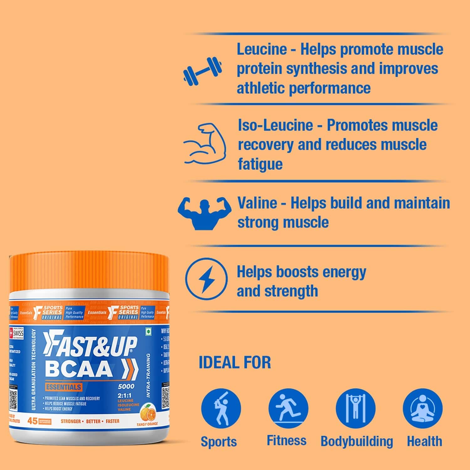 Buy Fast&Up Bcaa Essentials (Orange Flavour), Pre/Post Workout & Intra