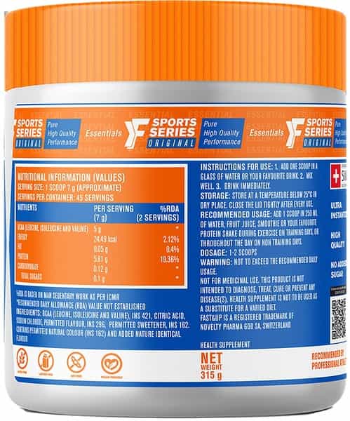 Fast&Up Bcaa Essentials (Orange) Pre/Post Workout & Intra Workout Supplement 45 Servings - 315G
