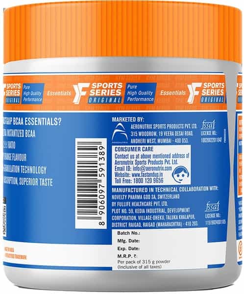 Fast&Up Bcaa Essentials (Orange) Pre/Post Workout & Intra Workout Supplement 45 Servings - 315G