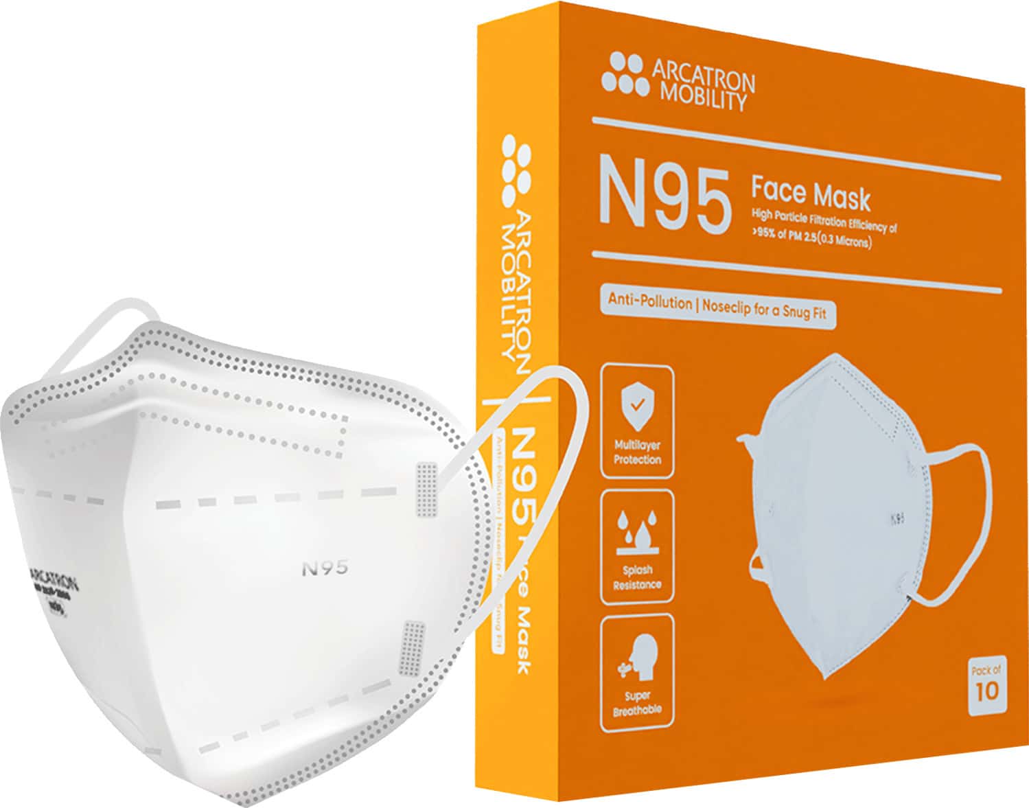 Arcatron N95 Face Mask 95% High Filtration|4 Layers Protection|Fog Proof|Adult Size|Pack Of 10