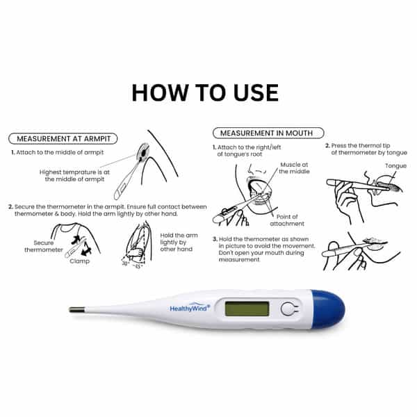 Healthy Wind Digital Oral Thermometer For Fever | High Accuracy |Digital Display | Water Resistance