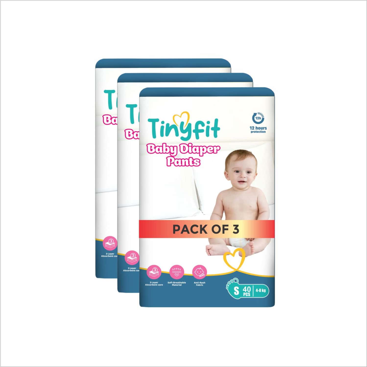 Tinyfit Baby Diaper Pants Small | Bubble Soft Bed | Multi-Layer Absorption Upto 12 Hrs - S (120 Pcs)