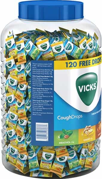 Vicks Cough Drops Jar Of 1180+120 Ginger Flavor Anaesthetic & Cough Suppresant Lozenges