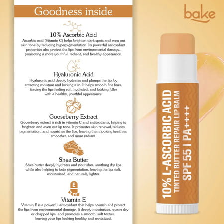 Bake 10% L-Ascorbic Tinted Lip Balm Spf 55 Pa++++ For Dark | Dry Lips (5G)