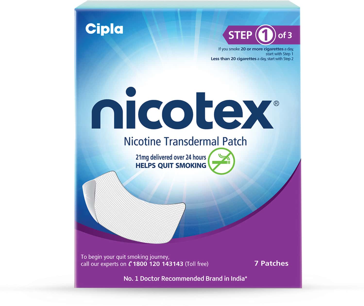 Nicotex Nicotine Transdermal Patch 21mg | Step 1 Of 3| Helps Quit Smoking | 7 Patches