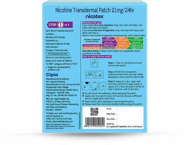 Nicotex Nicotine Transdermal Patch 21Mg | Step 1 Of 3| Helps Quit Smoking | 7 Patches