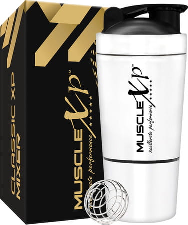 Musclexp Gym Shaker Classic Xp 591 Ml + 200ml For Protein Pre Workout And Bcaas Spring Ball (White)