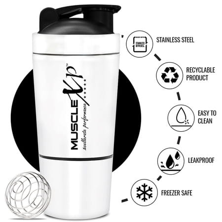 Musclexp Gym Shaker Classic Xp 591 Ml + 200ml For Protein Pre Workout And Bcaas Spring Ball (White)