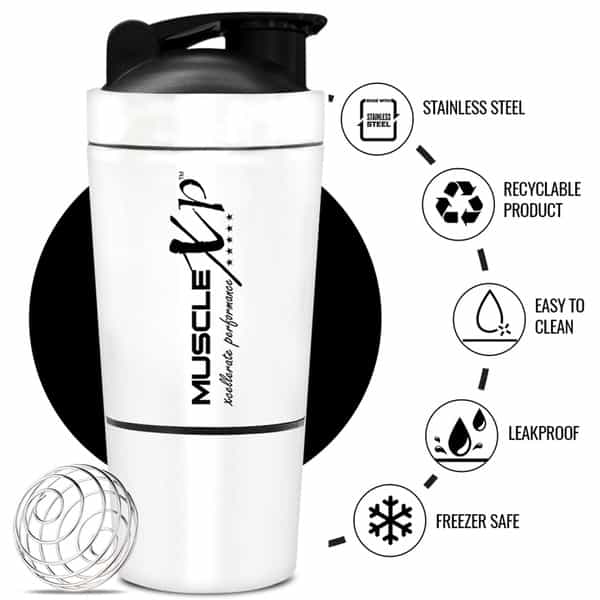 Musclexp Gym Shaker Classic Xp 591 Ml + 200Ml For Protein Pre Workout And Bcaas Spring Ball (White)
