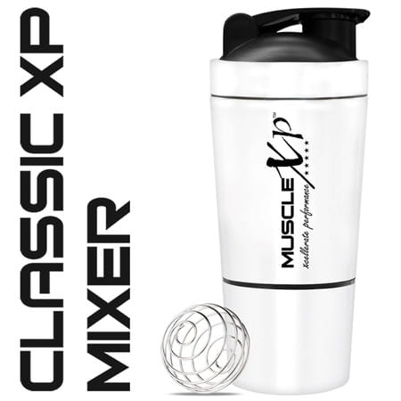 Musclexp Gym Shaker Classic Xp 591 Ml + 200ml For Protein Pre Workout And Bcaas Spring Ball (White)