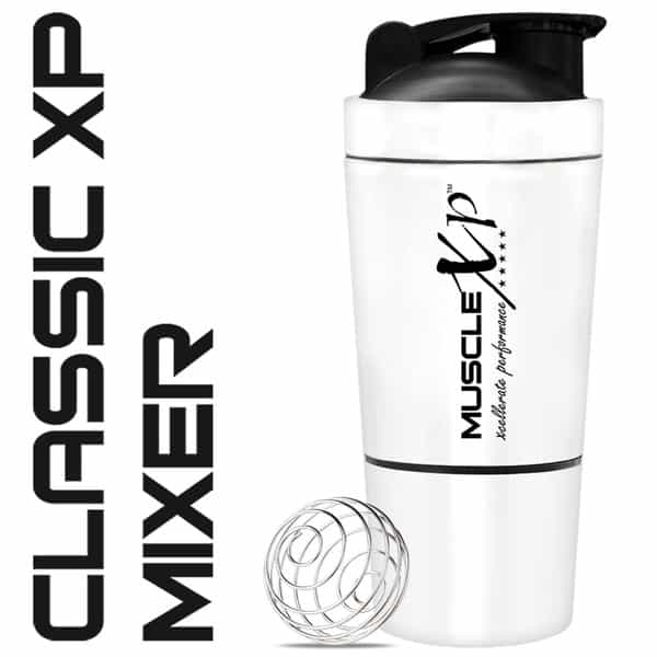 Musclexp Gym Shaker Classic Xp 591 Ml + 200Ml For Protein Pre Workout And Bcaas Spring Ball (White)