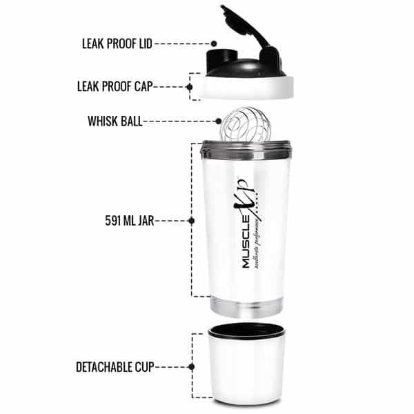 Musclexp Gym Shaker Classic Xp 591 Ml + 200Ml For Protein Pre Workout And Bcaas Spring Ball (White)