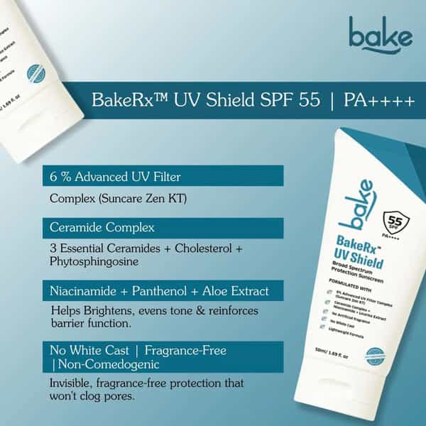 Bakerx Uv Shield Spf 55 Pa++++ Broad Spectrum Sunscreen: No White Cast & Lightweight Formula - 50Ml