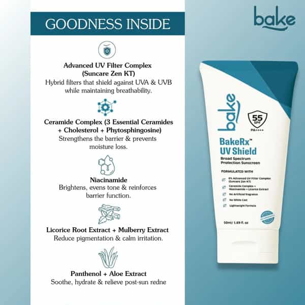Bakerx Uv Shield Spf 55 Pa++++ Broad Spectrum Sunscreen: No White Cast & Lightweight Formula - 50Ml