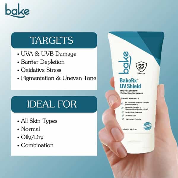Bakerx Uv Shield Spf 55 Pa++++ Broad Spectrum Sunscreen: No White Cast & Lightweight Formula - 50Ml