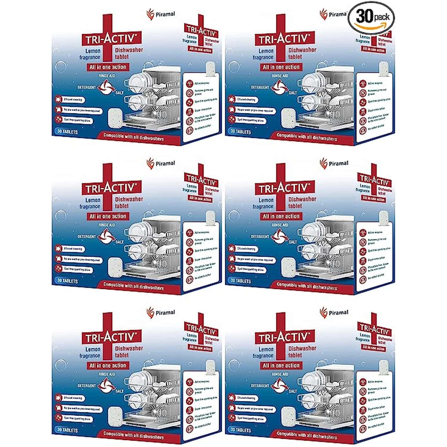 Tri-Activ All-In-One Dishwasher Tablet By Piramal I 30 Units I Lemon Fresh Fragrance (Pack Of 6)