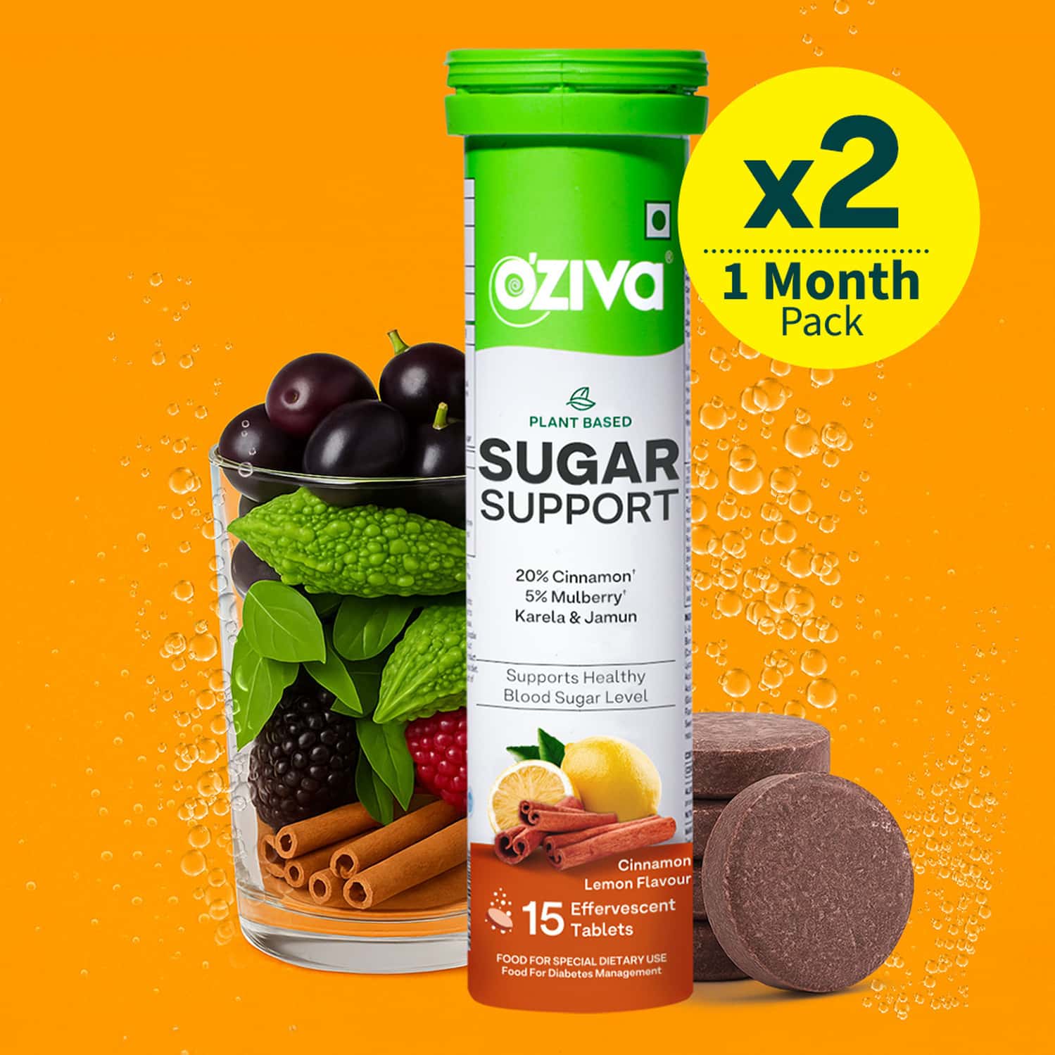 Oziva Sugar Support| Daily Blood Sugar Support For Diabetes & Sugar Control | 30 Effervescent Tablet
