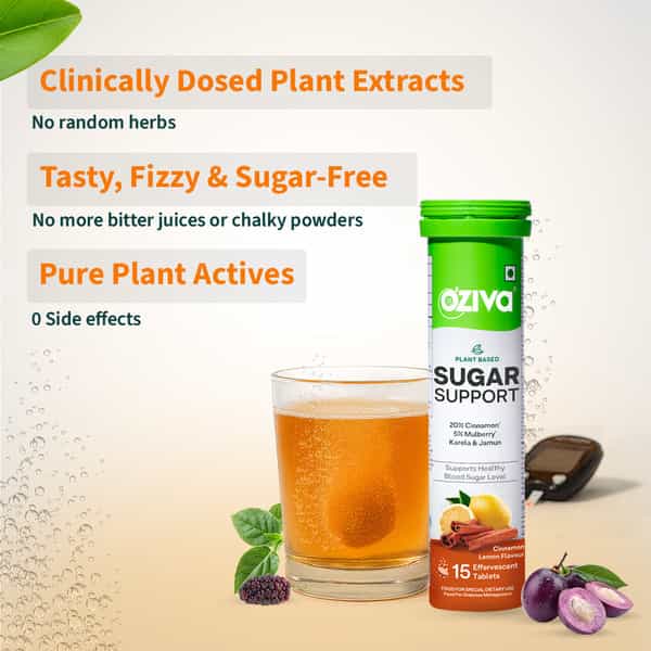 Oziva Sugar Support| Daily Blood Sugar Support For Diabetes & Sugar Control | 30 Effervescent Tablet