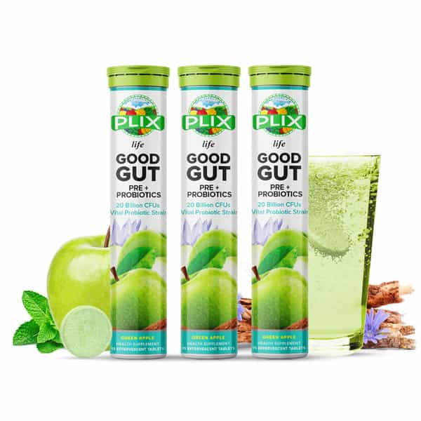 Plix Good Gut Pre+Probiotic 15 Effervescent Tablets Pack Of 1 Bottle Green Apple