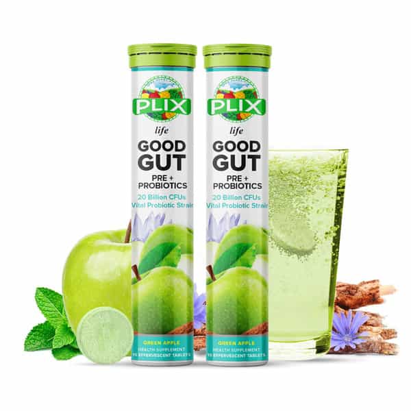 Plix Good Gut Pre+Probiotic 15 Effervescent Tablets Pack Of 1 Bottle Green Apple