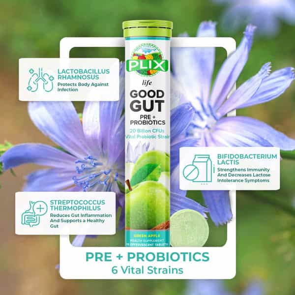 Plix Good Gut Pre+Probiotic 15 Effervescent Tablets Pack Of 1 Bottle Green Apple