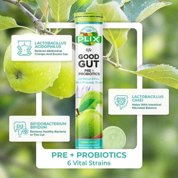 Plix Good Gut Pre+Probiotic 15 Effervescent Tablets Pack Of 1 Bottle Green Apple